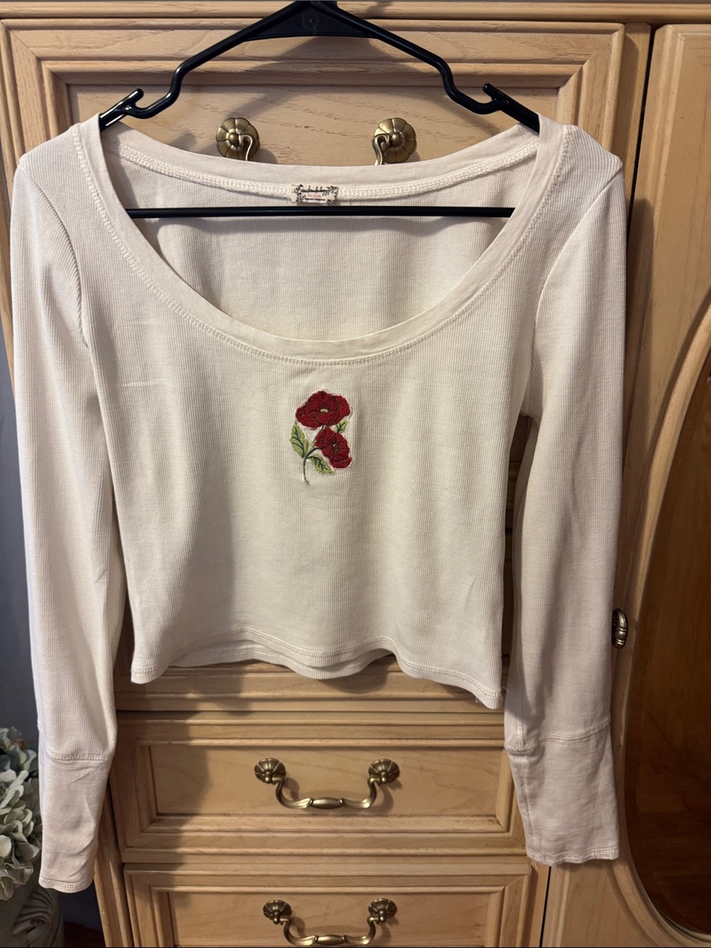 Free People Cream Long Sleeve Scoop Top with Red Floral Embroidery